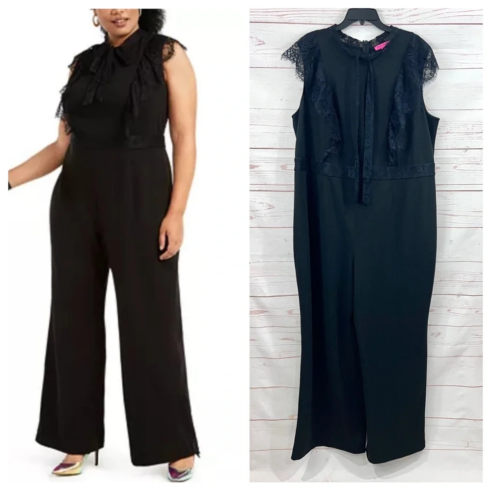Betsey Johnson Black Lace Bow Tie Flutter Sleeve Wide Leg Sleeveless Jumpsuit
